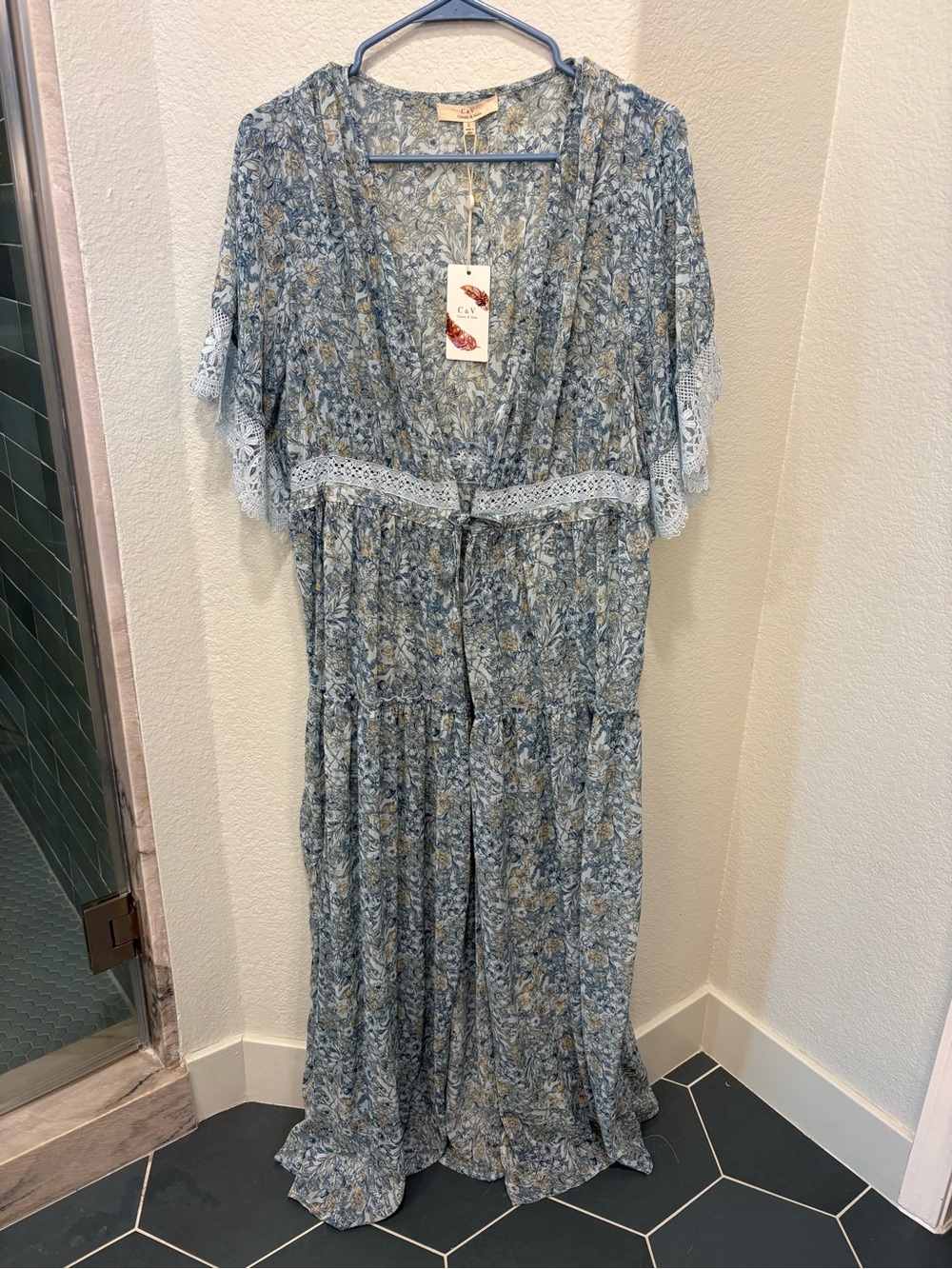 Chelsea & Violet Soft Blue Floral Lace-Trim Duster